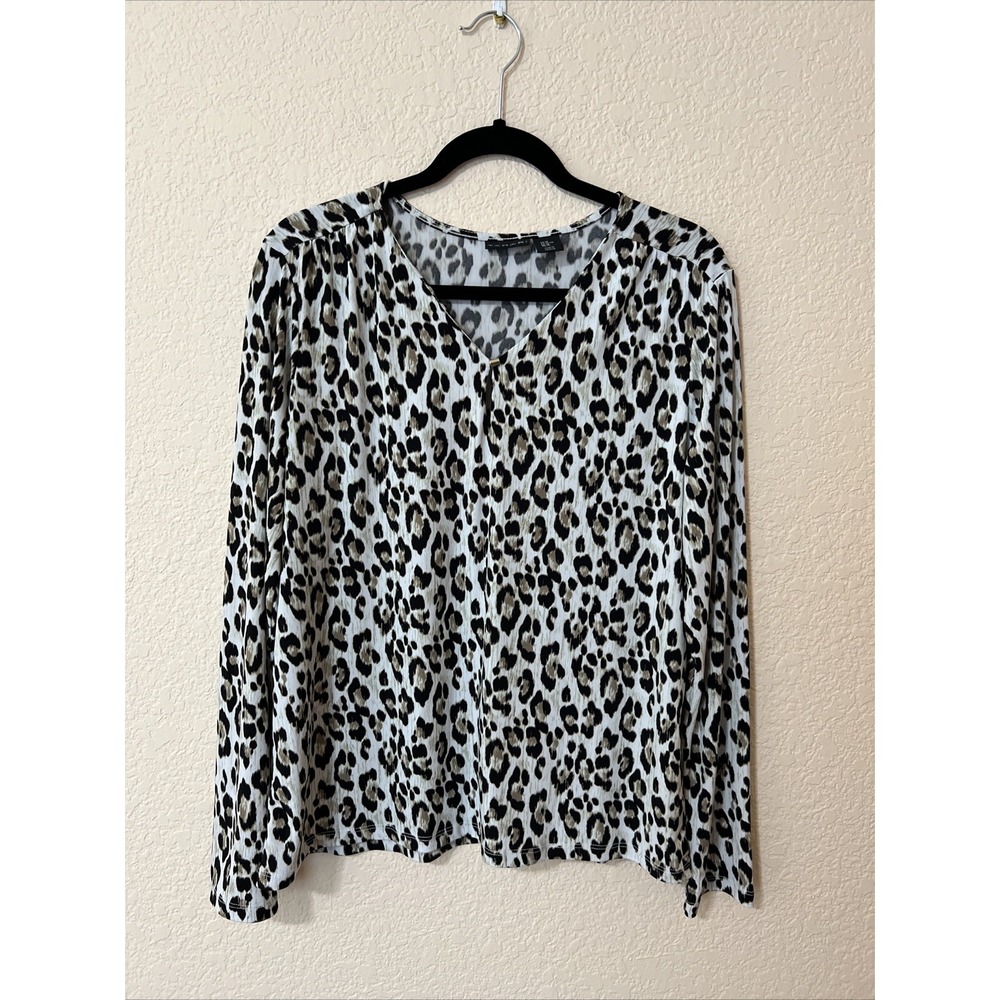 Tahari Leopard Blouse Top Sz XL Stretch Long Sleeve Animal Print Swifty Leopard‎